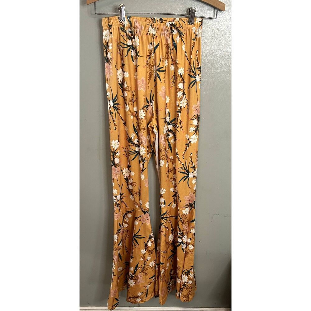 Marie Nicole Clothing Yellow Floral Flared Pants Women's Size Small